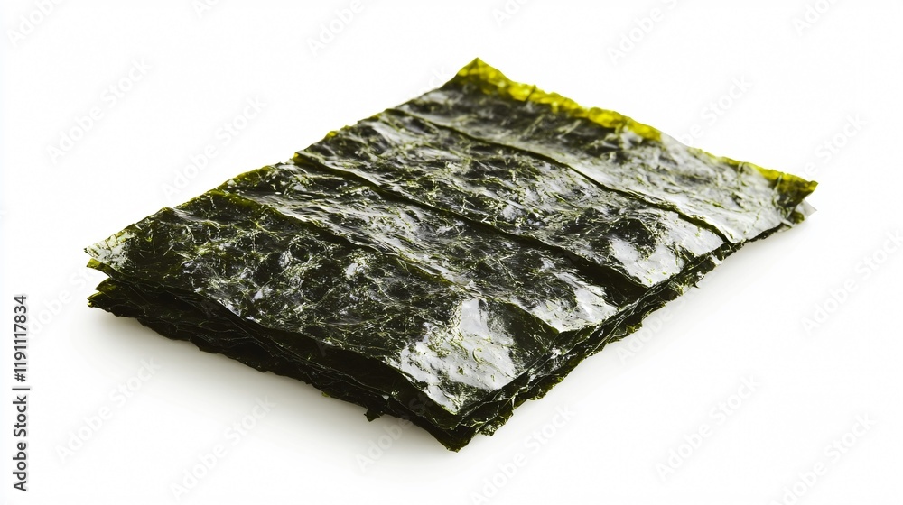 A single sheet of nori seaweed, isolated on a clean white background with soft shadows A single sheet of nori seaweed, isolated on a clean white background with soft shadows