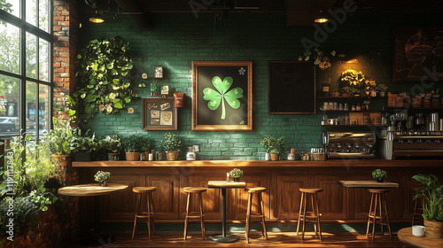 Cozy Cafe Interior with Green Clover Decor  Rustic Irish Theme  Warm Atmosphere