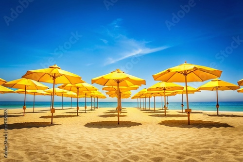 Tranquil Yellow Beach Umbrellas on Sandy Shore  Sunny Day