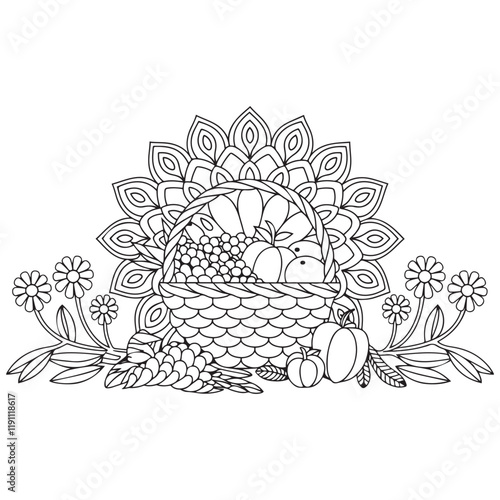 Basket full of fruits and vegetables outline coloring page. Thanksgiving hand drawn colouring
