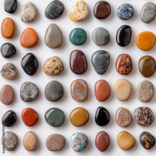 Concept of life goals, learning success. A colorful array of polished stones arranged neatly, showcasing a variety of shapes and textures. photo