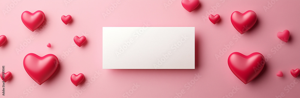 Obraz premium Valentine's Day banner template design with love heart flowers pink message card color background