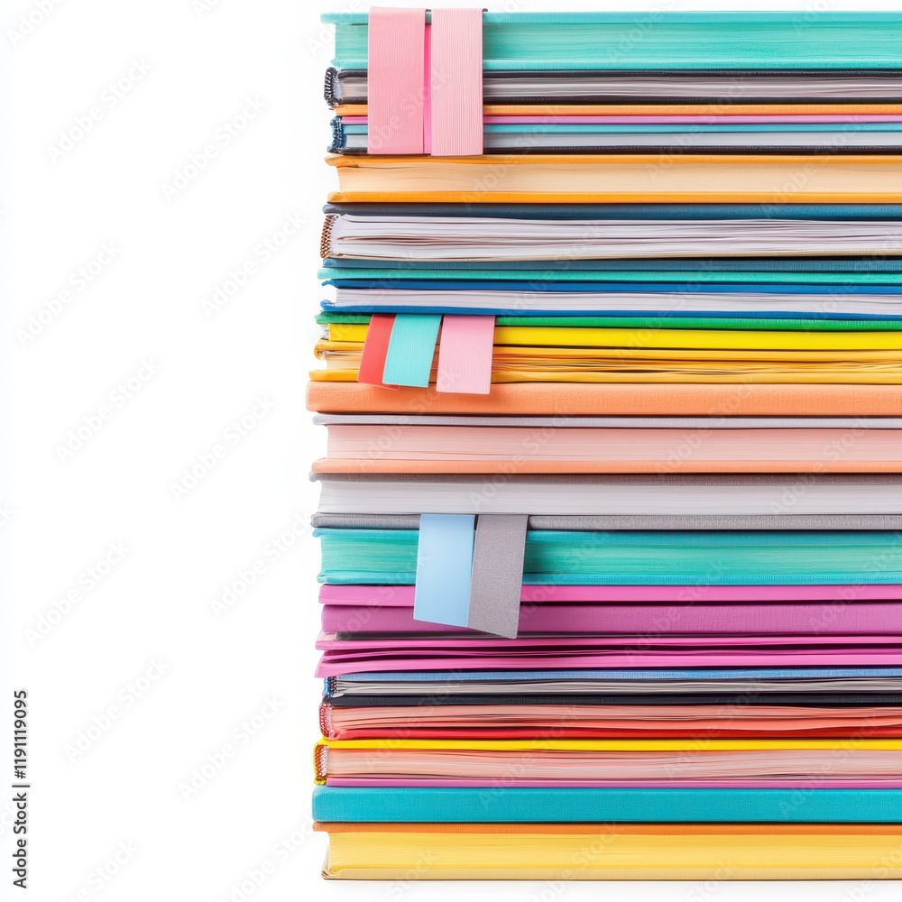 Concept of life goals, learning success. A vibrant stack of colorful paper sheets and documents, secured with clips, showcasing a variety of hues and textures. Concept of life goals, learning success. A vibrant stack of colorful paper sheets and documents, secured with clips, showcasing a variety of hues and textures.