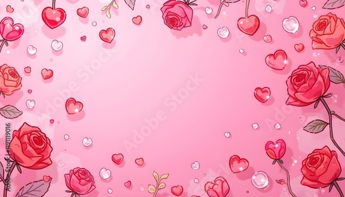 A Hand-Drawn Frame of Romance: A Whimsical Border of Pink Roses, Hearts, and Delicate Accents on a Soft Pink Background, Leaving Ample Space for Personalized Messages and Creative Designs