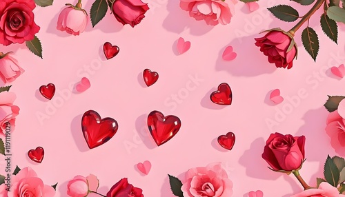 A Garden of Love's Embrace: A Delicate Arrangement of Red and Pink Roses with Scattered Hearts on a Soft Pink Background, Celebrating Romance, Affection, and the Sweetness of Love's Bloom