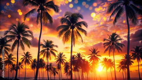 Tropical Sunset Paradise  Palm Trees   Golden Hour Bokeh - Summer Vacation Stock Photo