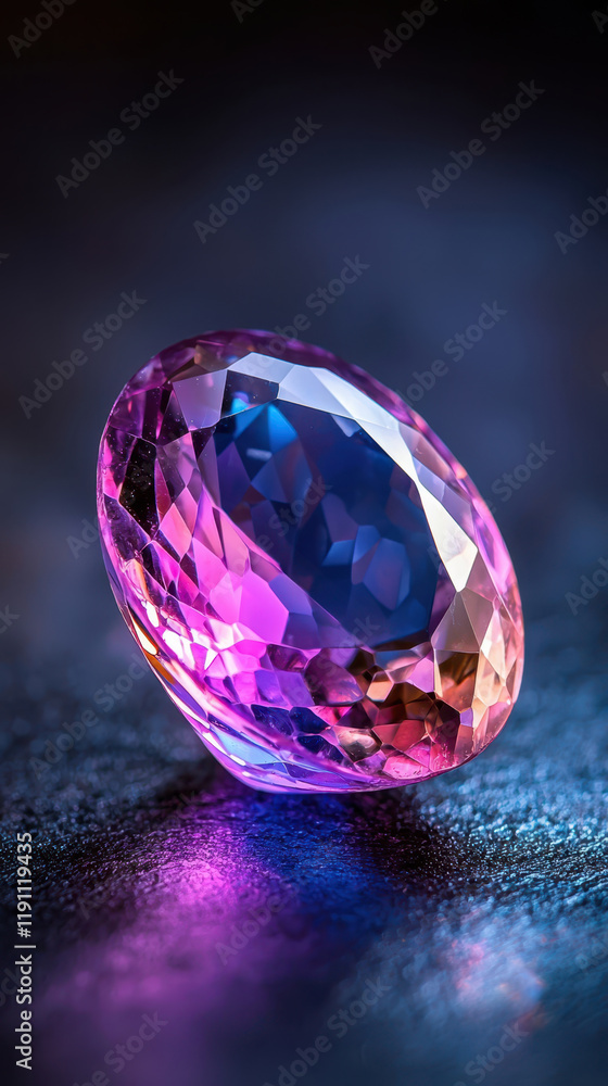 Concept of life goals, learning success. A stunning, multifaceted gemstone glimmers with vibrant pink and purple hues against a dark, textured background. Concept of life goals, learning success. A stunning, multifaceted gemstone glimmers with vibrant pink and purple hues against a dark, textured background.