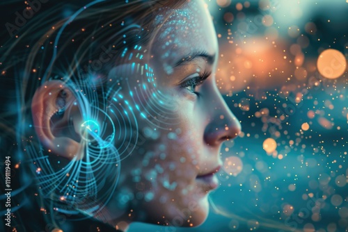 Young womans ear with sound wave simulation for hearing health.
