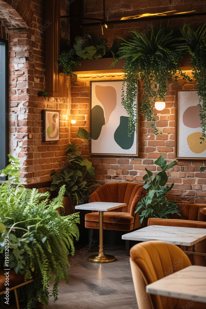 Fototapeta premium Craft a cozy yet refined coffee shop with rustic, worn exposed brick walls in warm earthy tones, accented by rich wooden fixtures and subtle golden lighting that casts a soft, relaxing glow