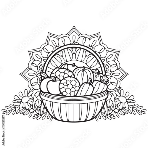 Basket full of fruits and vegetables outline coloring page. Thanksgiving hand drawn colouring