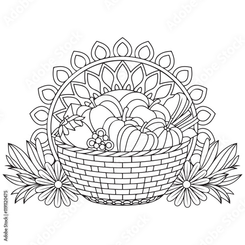 Basket full of fruits and vegetables outline coloring page. Thanksgiving hand drawn colouring