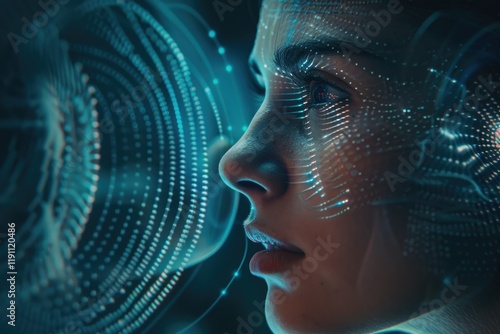Young womans ear tested with sound wave simulation technology.