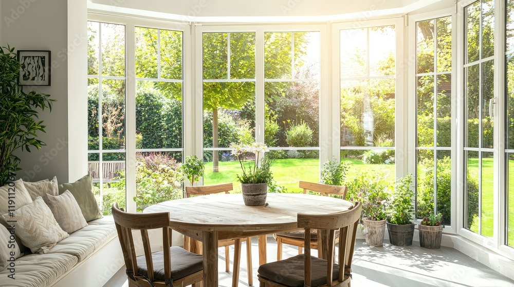 Fototapeta premium Bright and Airy Sunlit Dining Area with Greenery and Natural Light