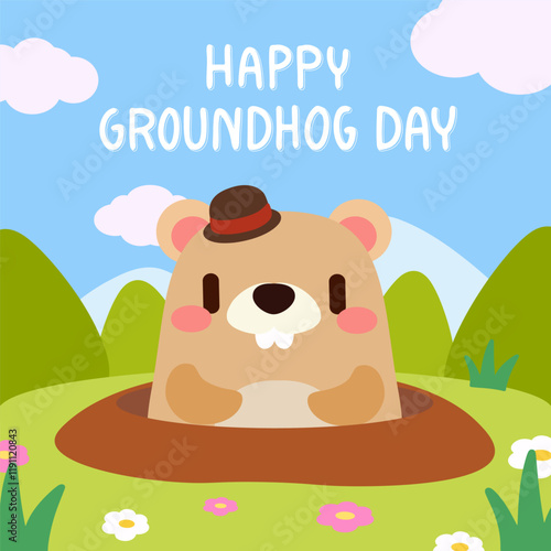 Cute Groundhog Popping Out of a Hole for Groundhog Day. Adorable cartoon groundhog peeking out of a hole, surrounded by nature, flowers, and a bright blue sky.