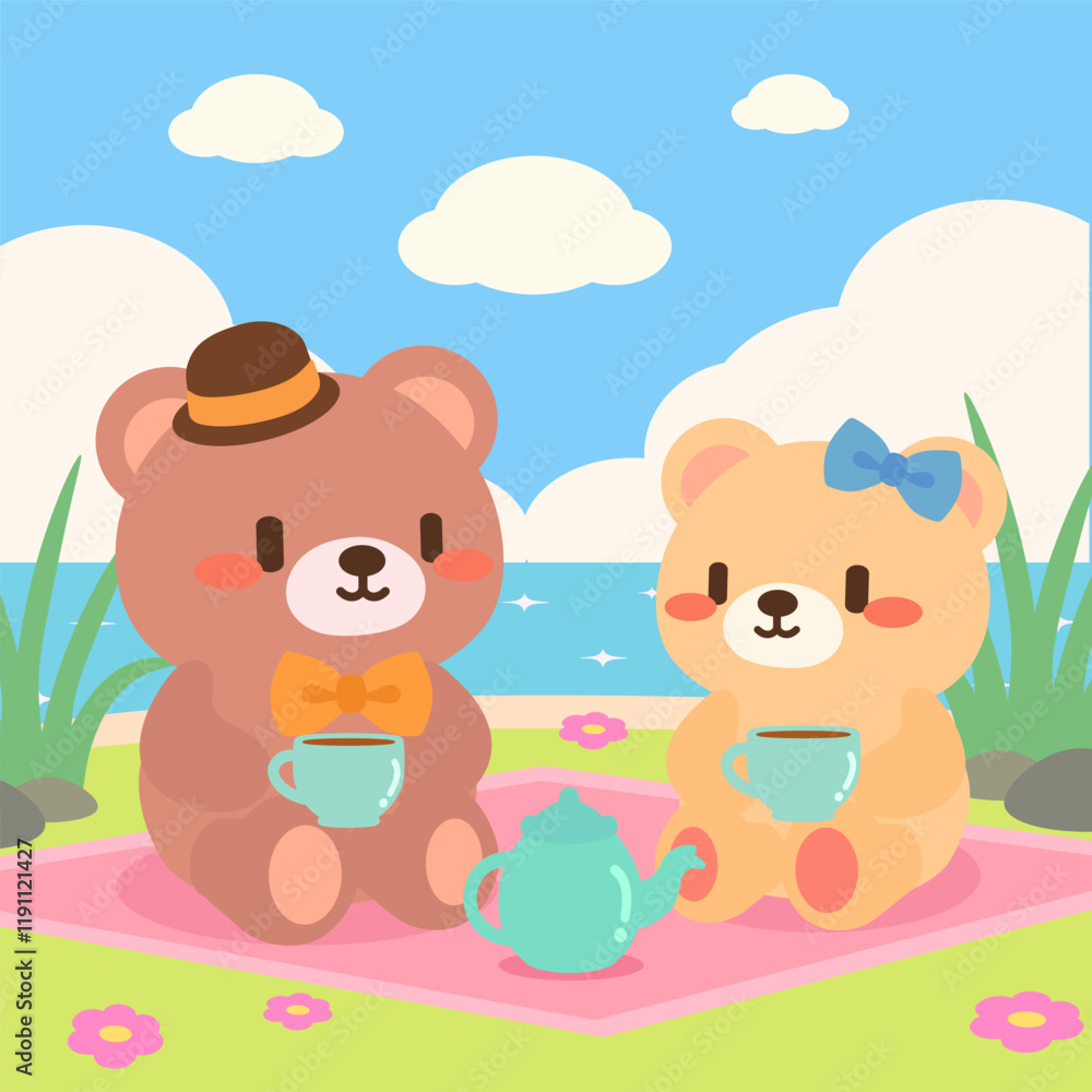 Obraz premium Cute illustration depicts a cute bear couple enjoying a tea picnic by the seaside. Adorable bear picnic in a peaceful coastal setting.