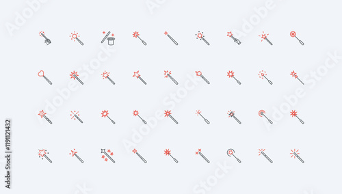 Magic wands, stick of magician with stars shine and sparks, button of graphic design filter line icon set. Rod of fantasy wizard, imagination thin black and red outline symbols vector illustration