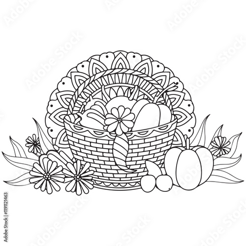 Basket full of fruits and vegetables outline coloring page. Thanksgiving hand drawn colouring
