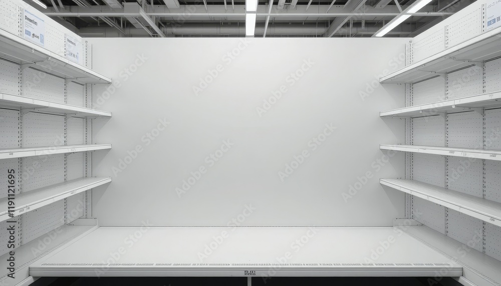 Empty Supermarket Shelves and Blank Wall: Retail Space, Product Placement, Mockup, Advertising, Branding. Empty Supermarket Shelves and Blank Wall: Retail Space, Product Placement, Mockup, Advertising, Branding.