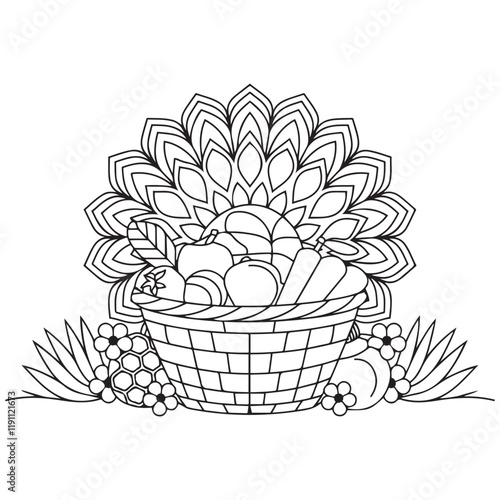 Basket full of fruits and vegetables outline coloring page. Thanksgiving hand drawn colouring