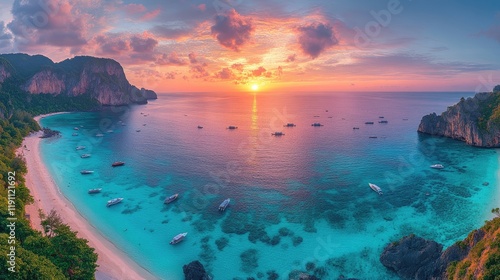 Breathtaking Sunset Over Nui Beach in Koh Phi Phi Don, Krabi, Thailand from Above photo