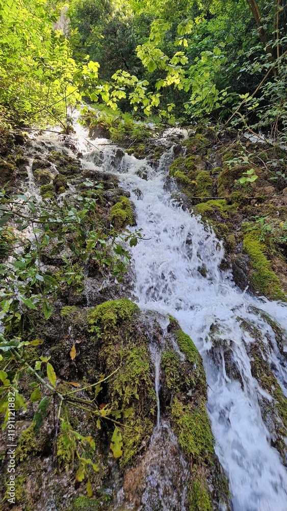 Picturesque waterfall surrounded by lush nature Picturesque waterfall surrounded by lush nature