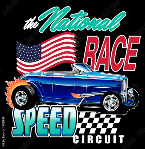 Estampa de auto de carreras con bandera de estados unidos