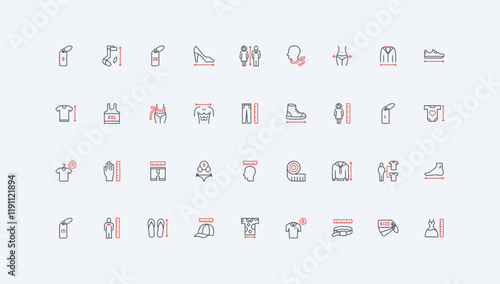 Clothes size measurement, guide line icon set. Arrows and chart, measuring tape to measure human body, waist and neck circumference, height thin black and red outline symbols vector illustration