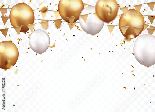 Celebration banner with gold confetti and balloons	
