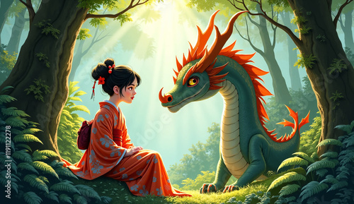 painting illustration style, an Japanese girl sitting with dragon in forest, fairytale artwork photo