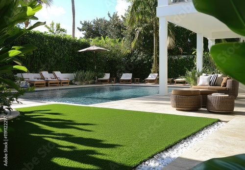 an artificial grass lawn in the backyard, with a pool and outdoor furniture around it, tropical plants, and white walls in the home's architecture