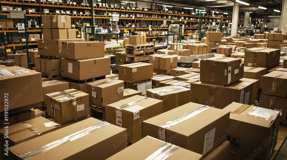 Busy Warehouse with Stacked Cardboard Boxes and Shelving Units Busy Warehouse with Stacked Cardboard Boxes and Shelving Units