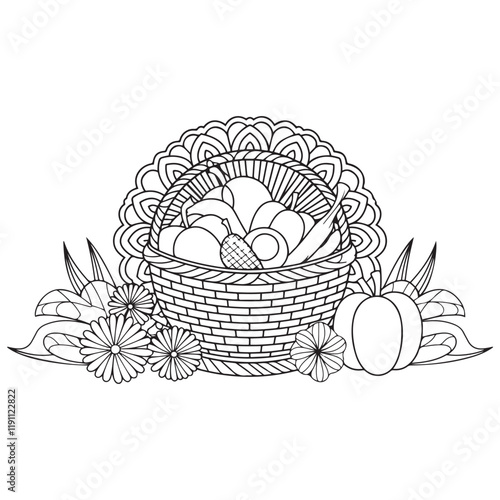 Basket full of fruits and vegetables outline coloring page. Thanksgiving hand drawn colouring
