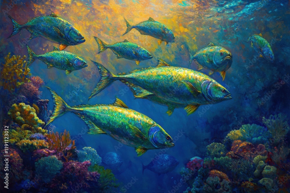 Fototapeta premium School of colorful mahimahi swims gracefully in vibrant reef