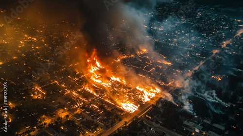 Aerial View of Wildfire Burning Dangerous Areas with Smoke and Flames photo