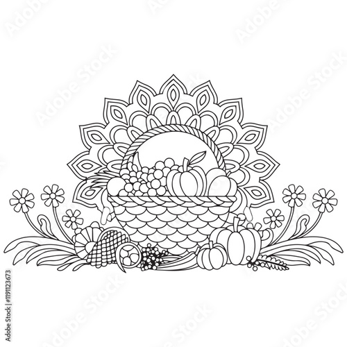 Basket full of fruits and vegetables outline coloring page. Thanksgiving hand drawn colouring