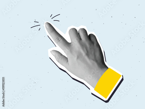 Black and white hand gesture point to, click or tap - cut out element for collage. Modern photo collage style. Vector illustration