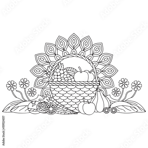 Basket full of fruits and vegetables outline coloring page. Thanksgiving hand drawn colouring