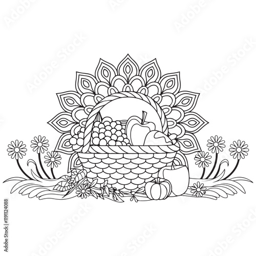 Basket full of fruits and vegetables outline coloring page. Thanksgiving hand drawn colouring