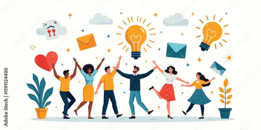 Fototapeta premium Inspiration people group with ideas. Insight and creative solution. Vector illustration