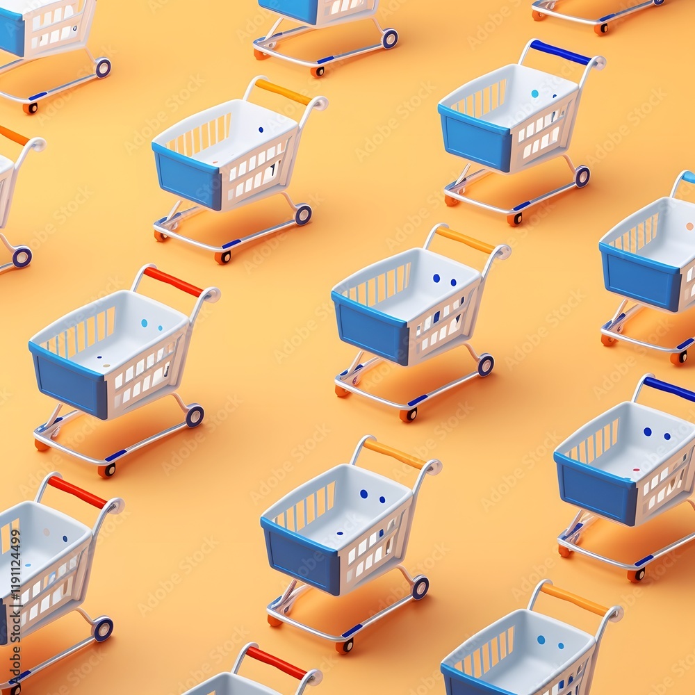 Obraz premium Minimalist Digital Pattern of 3D Shopping Cart Strollers in Vibrant Colors