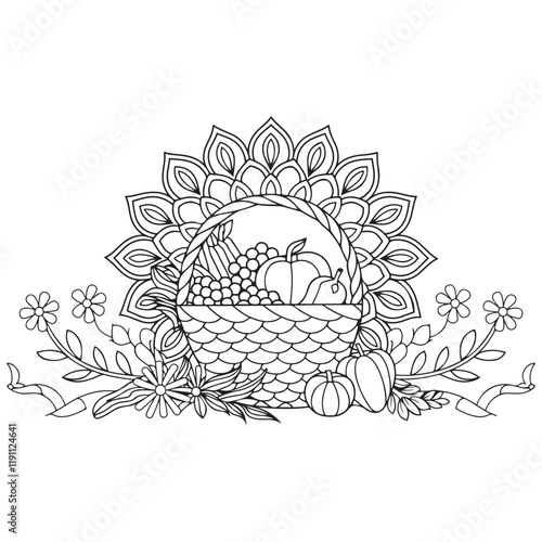 Basket full of fruits and vegetables outline coloring page. Thanksgiving hand drawn colouring
