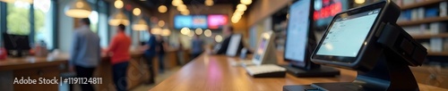 Modern checkout system in a busy retail space with customers placing orders.