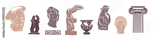 Various Antique statues. Heads of woman, male torso, Nika, hands, amphora. Mythical, ancient greek style. Classic statues in modern style. Hand drawn Vector illustrations isolated on white background.