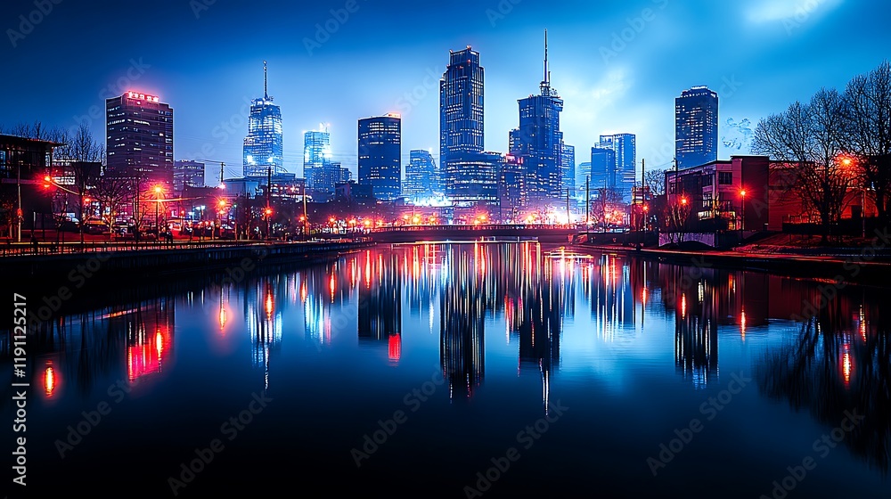 Fototapeta premium Nighttime cityscape with illuminated buildings and glowing urban lights.