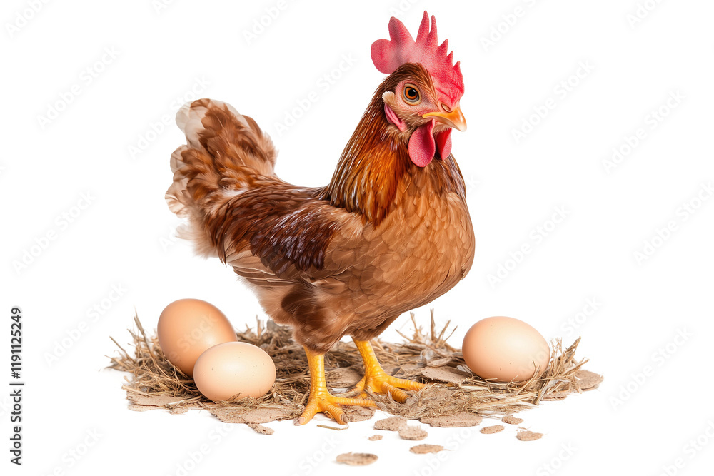 Fototapeta premium A brown hen surrounded by eggs isolated on white or transparent background, png clipart, design element