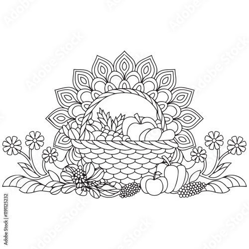 Basket full of fruits and vegetables outline coloring page. Thanksgiving hand drawn colouring