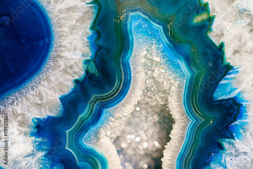 Vibrant Close-Up of Blue and White Geode Crystal Slice Art