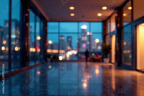 Modern interior space with urban view, illuminated at night, offering a calm atmosphere.