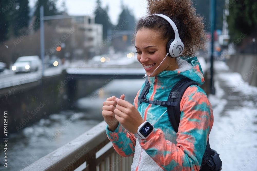 A woman in athletic gear, wearing headphones and smiling while looking at her smartwatch on the bridge over a river A woman in athletic gear, wearing headphones and smiling while looking at her smartwatch on the bridge over a river