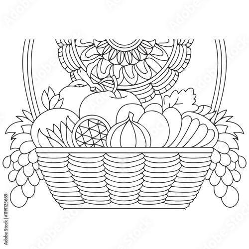 Basket full of fruits and vegetables outline coloring page. Thanksgiving hand drawn colouring